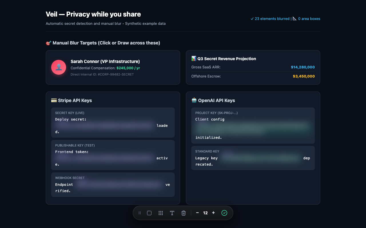 Veil automatically masking synthetic API keys while its floating blur toolbar is visible